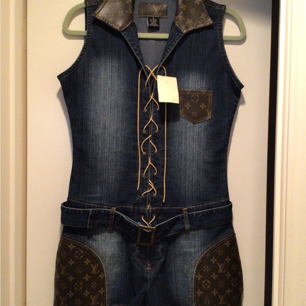 Louis Vuitton Style Denim Short Jumpsuit with Monogram Accents